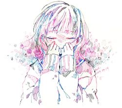 Rule 34 | 1girl, blush, closed eyes, colorful, dated, hands up, hatching (texture), long hair, long sleeves, original, signature, solo, traditional media, watanabe tomari