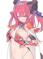 Rule 34 | 1girl, armor, bikini, bikini armor, blade (galaxist), blue eyes, blush, breasts, cape, choker, commentary request, curled horns, dragon horns, dragon tail, elizabeth bathory (brave) (fate), elizabeth bathory (fate), fang, fate/grand order, fate (series), flying sweatdrops, hair between eyes, hair ribbon, highleg, highleg bikini, horns, long hair, looking at viewer, navel, oversized clothes, parted lips, pauldrons, pink hair, pointy ears, purple ribbon, red armor, red bikini, red choker, ribbon, shoulder armor, simple background, small breasts, solo, string bikini, sweat, swimsuit, tail, tiara, two side up, vambraces, white background, white cape