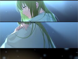 Rule 34 | 1other, androgynous, chain, enkidu (fate), fate/strange fake, fate (series), glowing, glowing clothes, glowing eyes, green eyes, green hair, hair between eyes, long hair, looking at viewer, male focus, robe, rrr (reason), shirt, smile, solo, upper body, very long hair, white robe, white shirt, yellow eyes