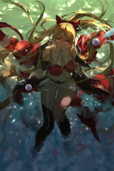 Rule 34 | 1girl, black gloves, black thighhighs, blonde hair, character request, copyright request, dress, from above, gloves, hair in own mouth, highres, long hair, looking at viewer, mouth hold, red dress, red eyes, solo, swd3e2, thighhighs, very long hair, wading, water