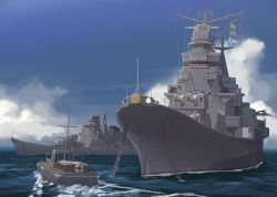 Rule 34 | boat, cannon, chain, cloud, cruiser, day, funnel, highres, imperial japanese navy, military, military vehicle, no humans, ocean, original, ship, shiro yukimichi, sky, smokestack, takao (cruiser), turret, warship, water, watercraft