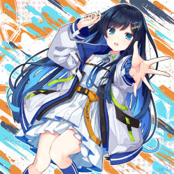 Rule 34 | 1girl, alternate costume, belt, black hair, blue eyes, blue hair, blue jacket, blue necktie, blue socks, brooch, brush stroke, cevio, chest strap, collared dress, colored inner hair, dress, dutch angle, feet out of frame, flask (pandora), futaba minato, hair ornament, hairclip, hand up, highres, jacket, jewelry, kneehighs, knees together feet apart, layered dress, light blush, long hair, looking at viewer, multicolored clothes, multicolored hair, multicolored jacket, necktie, open clothes, open jacket, orange belt, outstretched hand, polka dot, polka dot background, reaching, reaching towards viewer, scrunchie, second-party source, sleeveless, sleeveless dress, socks, solo, swept bangs, white dress, white jacket, wrist scrunchie