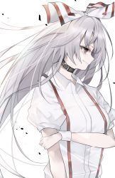 Rule 34 | 1girl, bad id, bad pixiv id, closed mouth, collar, collared shirt, commentary request, from side, fujiwara no mokou, hair ribbon, highres, hiiro60, leather collar, long hair, looking to the side, red eyes, ribbon, shirt, short sleeves, silver hair, simple background, smile, solo, standing, suspenders, touhou, upper body, very long hair, white background, white shirt