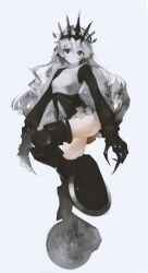 Rule 34 | 1girl, absurdres, bad id, bad pixiv id, black claws, black rock shooter, chariot (black rock shooter), closed mouth, crown, dress, full body, gloves, greyscale, gyup, highres, long hair, looking at viewer, monochrome, simple background, solo, standing, standing on one leg, thighhighs, thighs, wheel, white background