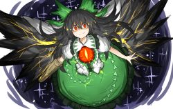 Rule 34 | 1girl, arm cannon, bad id, bad pixiv id, black wings, bow, cape, collar, crazy eyes, energy, false smile, flying, frilled collar, frilled shirt collar, frilled skirt, frills, glowing, glowing eyes, green skirt, hair between eyes, hair bow, highres, kankan33333, long hair, long skirt, looking at viewer, puffy short sleeves, puffy sleeves, red eyes, reiuji utsuho, shaded face, shirt, short sleeves, sketch, skirt, smile, solo, sparkle, third eye, touhou, weapon, white shirt, wide-eyed, wings