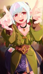 Rule 34 | 1girl, ena (monster hunter), fewer digits, highres, idkuroi, jewelry, monster hunter (series), monster hunter stories 2, necklace, open mouth, pointy ears, red eyes, short hair, solo, white hair