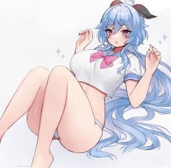 Rule 34 | 1girl, absurdres, alternate costume, bare legs, bare shoulders, blue hair, bow, bowtie, breasts, commentary request, crop top, ganyu (genshin impact), genshin impact, grey background, grin, hands up, highres, horns, large breasts, long hair, looking at viewer, midriff, navel, nemuaki, panties, parted lips, pink bow, pink bowtie, purple eyes, shirt, smile, solo, stomach, striped clothes, striped panties, thighs, underwear, very long hair, white shirt