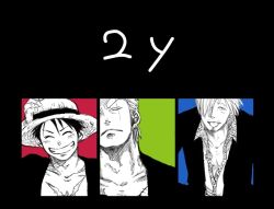 Rule 34 | 13g4, 3boys, blue theme, color background, earrings, green theme, hair over one eye, hand on headwear, hat, jewelry, male focus, monkey d. luffy, multiple boys, one-eyed, one piece, open clothes, open shirt, red theme, roronoa zoro, sanji (one piece), scar, shirt, smile, straw hat