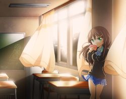Rule 34 | 1girl, bow, brown hair, chalkboard, curtains, desk, green eyes, hair ornament, hairclip, highres, kabuto (nextlevel), letter, light particles, looking at viewer, love letter, original, school uniform, skirt, solo, wataru (nextlevel), wind, window