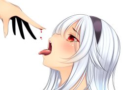 Rule 34 | 1girl, aphilia (kiyomin), bleeding, blood, blush, dripping, drop, fang, hairband, highres, kiyomin, open mouth, original, portrait, red eyes, solo focus, tongue, tongue out, vampire, white background, white hair