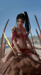 Rule 34 | 1girl, arabian clothes, army, artist name, bandeau, black hair, chain, ghostblade, gold chain, green eyes, head chain, highres, jewelry, long hair, looking at viewer, mouth veil, navel, patreon username, ponytail, princess lylian, red lips, riding, solo focus, veil, watermark, web address, wlop