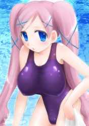 Rule 34 | 1girl, akai maho, blue eyes, breasts, covered erect nipples, doki doki majo shinpan, huge breasts, minyo, one-piece swimsuit, pink hair, purple one-piece swimsuit, purple school swimsuit, school swimsuit, solo, swimsuit, twintails