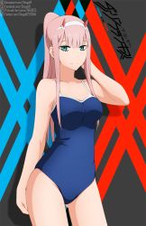 Rule 34 | 1girl, artist name, blank stare, blue one-piece swimsuit, breasts, closed mouth, contrapposto, copyright name, cowboy shot, darling in the franxx, deviantart username, expressionless, facebook username, green eyes, hair between eyes, hair ornament, hairband, highres, horns, long hair, long neck, looking at viewer, medium breasts, one-piece swimsuit, oni horns, pink hair, pixiv username, ponytail, red horns, shadow, shugo19, solo, straight hair, swimsuit, thighs, twitter username, watermark, white hairband, zero two (darling in the franxx)