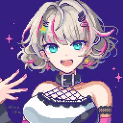 Rule 34 | 1girl, bare shoulders, belt collar, blue background, blue eyes, collar, earrings, hair ornament, hairclip, hiroita, lightning bolt earrings, lightning bolt symbol, looking at viewer, lowres, open mouth, phase connect, pink nails, pixel art, rinkou ashelia, shirt, solo, sparkle, virtual youtuber, white shirt