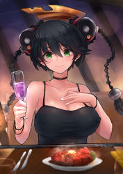 Rule 34 | 1girl, absurdres, ar tonelico, black hair, black shirt, blouse, bracelet, braid, breasts, champagne flute, choker, cleavage, closed mouth, collarbone, commentary, commission, covered erect nipples, cup, drinking glass, food, fork, green eyes, hair between eyes, hand on own chest, hat, highres, holding, holding cup, holding drinking glass, jewelry, knife, large breasts, long hair, looking at viewer, misha arsellec lune, neonbeat, plate, shirt, signature, smile, solo, steak, table, twin braids