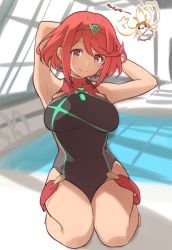 Rule 34 | 1boy, 1girl, armpits, arms behind head, bare shoulders, breasts, closed mouth, competition swimsuit, earrings, indoors, jewelry, kiikii (kitsukedokoro), large breasts, leotard, looking at viewer, navel, nintendo, nopon (xenoblade), one-piece swimsuit, pool, pyra (xenoblade), red eyes, red hair, rei no pool, seiza, short hair, sitting, smile, solo, swimsuit, tora (xenoblade 2), xenoblade chronicles (series), xenoblade chronicles 2