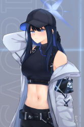 Rule 34 | 1girl, absurdres, arm behind head, arm up, armband, azurarts, bare shoulders, baseball cap, belt, black belt, black gloves, black hair, black hat, black pants, black shirt, blue archive, blue eyes, blue hair, breasts, buckle, chest harness, closed mouth, coat, commentary, cowboy shot, crop top, gloves, halo, harness, hat, highres, holster, long hair, looking at viewer, medium breasts, midriff, multicolored hair, navel, no mask, pants, saori (blue archive), shirt, sleeveless, sleeveless shirt, snap-fit buckle, solo, standing, thigh holster, twitter username, two-tone hair, underbust, white coat