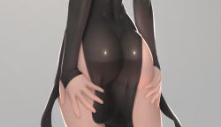 Rule 34 | 1girl, ass, ass focus, ass grab, black dress, close-up, dimples of venus, dress, from behind, fubuki (one-punch man), grabbing own ass, grey background, impossible clothes, impossible dress, long sleeves, lower body, no panties, one-punch man, pelvic curtain, shiny clothes, simple background, siraha, solo, thighs