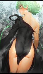 1girl absurdres ass black_dress curly_hair dress flipped_hair floating from_behind green_eyes green_hair highres looking_at_viewer niwarhythm no_panties one-punch_man shiny_skin short_hair side_slit solo tatsumaki torn_clothes torn_dress wet