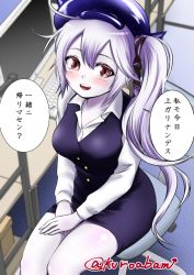 Rule 34 | 10s, 1girl, :d, abyssal ship, alternate costume, breasts, chair, colored skin, desk, destroyer princess, female focus, formal, hat, kantai collection, keyboard (computer), kuro abamu, large breasts, monitor, office lady, open mouth, purple hair, red eyes, side ponytail, sitting, skirt, skirt suit, smile, solo, suit, twitter username, white skin