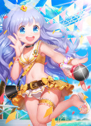 Rule 34 | 1girl, :d, arm garter, beach, belt, belt buckle, blanket (kkbjah), blue eyes, blue sky, bow, bracelet, bridal garter, buckle, choker, clarice altheim, collarbone, concert, confetti, crop top, day, feet, flip-flops, frilled skirt, frills, gem, glint, highres, holding, holding microphone, jewelry, lapel pin, leg up, light rays, long hair, looking at viewer, microphone, microskirt, midriff, navel, no socks, ocean, open m/, open mouth, outdoors, outstretched arm, palm tree, panties, pearl (gemstone), pennant, purple hair, sailor collar, sandals, scrunchie, see-through, shoe dangle, skirt, sky, smile, solo, standing, standing on one leg, string of flags, sunlight, sword girls, teeth, toes, tree, underwear, veil, water, wavy hair, white panties, wrist cuffs, yellow bow, yellow skirt