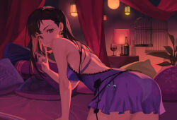 Rule 34 | 1girl, alternate breast size, armpit crease, ass, backless dress, backless outfit, bed, birdcage, black hair, bottle, breasts, cage, cup, cushion, dododo, dress, drinking glass, earrings, final fantasy, final fantasy vii, final fantasy vii remake, from side, highres, index finger raised, jewelry, long hair, looking at viewer, medium breasts, official alternate costume, panties visible through clothes, parted lips, pillow, purple dress, red eyes, short dress, solo, tifa lockhart, tifa lockhart&#039;s refined dress, wine bottle, wine glass