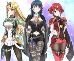 Rule 34 | 3girls, absurdres, arm guards, armor, black cape, blonde hair, blue hair, blush, bob cut, breasts, brown pantyhose, byleth (female) (fire emblem), byleth (fire emblem), cape, clothing cutout, corset, dagger, earrings, emblem, fingerless gloves, fire emblem, fire emblem: three houses, gloves, hair between eyes, hand on own hip, hands on own hips, highres, jewelry, knife, lace, lace-trimmed legwear, lace trim, large breasts, long hair, looking at viewer, medium hair, multiple girls, mythra (massive melee) (xenoblade), mythra (xenoblade), narrow waist, navel cutout, nintendo, pantyhose, pantyhose under shorts, print pantyhose, pyra (xenoblade), red hair, red shorts, short hair, short shorts, shorts, shoulder armor, sidelocks, smile, super smash bros., swept bangs, thigh strap, thighhighs, tiara, underbust, very long hair, weapon, xenoblade chronicles (series), xenoblade chronicles 2, zero-theme