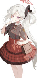 Rule 34 | 1girl, bag, black shirt, blue archive, blush, closed mouth, feet out of frame, grey hair, halo, highres, kawauchi (kaz7ry), long hair, looking at viewer, mutsuki (blue archive), purple eyes, red halo, red skirt, shirt, short sleeves, shoulder bag, side ponytail, simple background, skirt, smile, solo, tongue, tongue out, white background