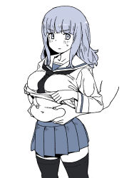 Rule 34 | 1girl, belly, belly grab, blue theme, blush, breasts, clothes lift, commentary, fat, girls und panzer, highres, lifted by self, limited palette, long hair, medium breasts, navel, onsen tamago (hs egg), ooarai school uniform, pleated skirt, plump, school uniform, shirt lift, skirt, standing, sweatdrop, symbol-only commentary, takebe saori, thighhighs, white background, zettai ryouiki