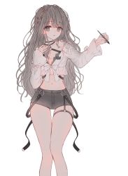 Rule 34 | 1girl, black shorts, bow, butterfly hair ornament, commentary, crop top, grey eyes, grey hair, hair ornament, hairclip, hands up, highres, holding, holding stylus, huion, long hair, long sleeves, looking at viewer, midriff, navel, original, parted lips, roman numeral, shirt, short shorts, shorts, simple background, sleeves past wrists, solo, stylus, symbol-only commentary, tandohark, thigh gap, very long hair, white background, white bow, white shirt, x hair ornament