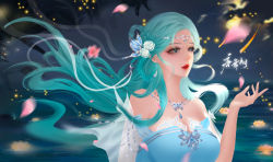 Rule 34 | 1girl, absurdres, arm up, bare shoulders, blue dress, douluo dalu, dress, falling petals, flower, from side, hair ornament, highres, lantern, light, long hair, lotus, night, petals, solo, tang wutong (douluo dalu), tang wutong tongren she, water