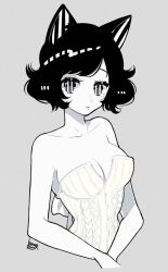Rule 34 | 1girl, animal ears, artist name, bare shoulders, black eyes, black hair, breasts, cleavage, closed mouth, collarbone, commentary request, corset, grey background, highres, kisaragi yuu (fallen sky), lips, looking at viewer, original, short hair, signature, simple background, solo, swept bangs, upper body