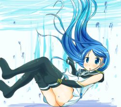 Rule 34 | 1girl, black neckwear, black sailor collar, blue eyes, blue hair, blush, character request, commentary request, cst (cocost), elbow gloves, from side, gloves, hands on own legs, highres, kantai collection, long hair, looking afar, looking up, no shoes, ocean, open mouth, outdoors, sailor collar, samidare (kancolle), sinking, solo, tareme, thighhighs, underwater