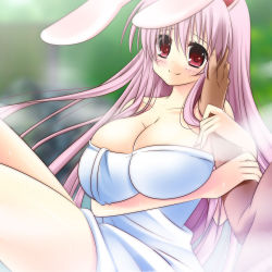 Rule 34 | 1girl, animal ears, arm grab, arm hug, bare legs, bare shoulders, blush, breast hold, breasts, rabbit ears, cleavage, collarbone, covering privates, hand on another&#039;s face, huge breasts, legs, long hair, looking at viewer, naked towel, nude, nude cover, onsen, outdoors, purple hair, red eyes, reisen udongein inaba, sitting, smile, solo focus, steam, suzuki nene, sweat, thighs, touhou, towel