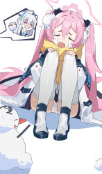Rule 34 | 1girl, absurdres, blue archive, closed eyes, hair between eyes, halo, highres, jacket, koyuki (blue archive), long hair, noa (blue archive), open mouth, panties, pink hair, pink halo, simple background, snowman, solo, thighhighs, two-sided fabric, two-sided jacket, underwear, white background, white panties, white thighhighs, xiu kukkii