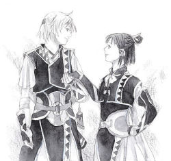 Rule 34 | 1boy, 1girl, ahoge, arms at sides, bow, bowtie, closed mouth, collarbone, cowboy shot, elbow gloves, eye contact, fingerless gloves, freyjadour falenas, gensou suikoden, gensou suikoden v, gloves, greyscale, hair tubes, hand on own hip, headband, hetero, holding hands, looking at another, lowres, lyon (suikoden), monochrome, ponytail, sidelocks, simple background, smile, standing, white background