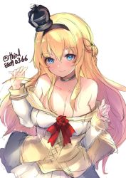 Rule 34 | 1girl, black hairband, blonde hair, blue eyes, braid, breasts, choker, cleavage, commentary request, cowboy shot, crown, dress, flower, french braid, hairband, highres, kantai collection, large breasts, long sleeves, looking at viewer, mini crown, o-sirius, off-shoulder dress, off shoulder, red flower, red ribbon, red rose, ribbon, rose, simple background, solo, twitter username, warspite (kancolle), white background, white dress