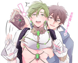 Rule 34 | !, 2boys, absurdres, blush, book, brown hair, clenched hand, commentary request, earrings, eiden (nu carnival), embarrassed, fingerless gloves, from behind, gem, gloves, grabbing, grabbing another&#039;s breast, green eyes, green gemstone, green hair, grey eyes, grey jacket, groping, heart, high collar, highres, holding, holding book, jacket, jewelry, long sleeves, looking down, male focus, multiple boys, nipple piercing, nipple slip, nipples, nu carnival, olivine (nu carnival), open mouth, pectorals, piercing, short hair, simple background, smile, surprised, sweatdrop, translated, upper body, white background, white gloves, yaoi, zangesimasu