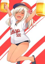 Rule 34 | 10s, 1girl, absurdres, alcohol, arms up, baseball cap, baseball uniform, beer, beer mug, blonde hair, blush, clothes writing, commentary request, cup, closed eyes, flower, go-1, hair flower, hair ornament, hat, highres, hiroshima touyou carp, kantai collection, long hair, mug, nippon professional baseball, one-piece tan, open mouth, ro-500 (kancolle), school swimsuit, smile, solo, sportswear, swimsuit, swimsuit under clothes, tan, tanline