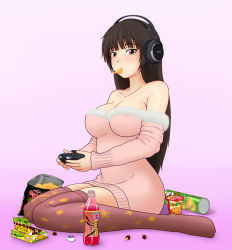 Rule 34 | 1girl, bare shoulders, black hair, blunt bangs, bottomless, boukun habanero, breasts, brown eyes, chips (food), cleavage, collarbone, controller, covered erect nipples, female focus, food, game console, game controller, gamepad, headphones, hip focus, houraisan kaguya, large breasts, legs, long hair, looking at viewer, pepsi, pink theme, playing games, potato chips, pringles, print thighhighs, product placement, simpson (gonpurin), sitting, solo, sony, straight hair, sweater, thighhighs, touhou, wariza, xbox 360