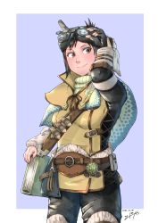 Rule 34 | 1girl, absurdres, adjusting goggles, arm warmers, armband, belt, black gloves, black hair, black pants, blue background, book, border, breasts, brown eyes, capelet, dated, fingerless gloves, fur trim, gloves, goggles, goggles on head, handler (monster hunter world), highres, monster hunter, monster hunter: world, monster hunter (series), outside border, pants, purple background, saniya shintaro, short hair, small breasts, smile, solo, standing, sweater, tunic, turtleneck, turtleneck sweater, white border