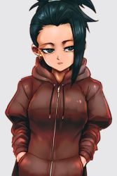 Rule 34 | 10s, 1girl, black hair, brown sweater, dragon ball, dragon ball super, earrings, expressionless, grey background, grey eyes, hands in pockets, hood, hood down, hooded jacket, jacket, jewelry, kale (dragon ball), kemachiku, long sleeves, simple background, solo, sweater, upper body