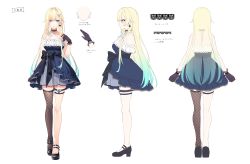 Rule 34 | 1girl, absurdres, aizawa ema, aqua hair, arm behind back, arms at sides, asymmetrical bangs, bare arms, bare shoulders, black choker, black footwear, black gloves, black thighhighs, blonde hair, blue bow, blue dress, blue eyes, blue pupils, blunt bangs, blush, bow, breasts, cat earrings, character sheet, choker, closed mouth, collarbone, criss-cross halter, dress, earrings, eyebrows hidden by hair, fishnet thighhighs, fishnets, flower, frilled dress, frills, from behind, from side, full body, gloves, gradient hair, hair flower, hair ornament, hair over shoulder, halter dress, halterneck, hand up, high heels, highres, jewelry, kneepits, lace, lace choker, legs, legs together, long hair, looking at viewer, mary janes, medium breasts, multicolored hair, multiple views, pendant choker, plaid, plaid dress, profile, shiny footwear, shoes, short dress, simple background, single thighhigh, sleeveless, sleeveless dress, smile, spaghetti strap, standing, thigh strap, thighhighs, toosaka asagi, translation request, translucent hair, very long hair, virtual youtuber, vspo!, waist bow, white background, white flower
