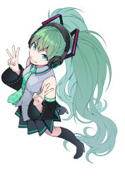 Rule 34 | 1girl, absurdres, aqua eyes, aqua hair, aqua nails, aqua necktie, bare shoulders, black skirt, black sleeves, commentary, detached sleeves, double w, foreshortening, from above, grey shirt, grin, hair ornament, hatsune miku, headphones, high heels, highres, kneehighs, kobaji, long hair, looking at viewer, looking up, miniskirt, nail polish, necktie, pleated skirt, shirt, skirt, sleeveless, sleeveless shirt, smile, socks, solo, twintails, very long hair, vocaloid, w, white background