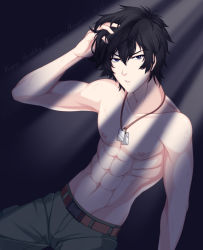 Rule 34 | 10s, 1boy, abs, black hair, blue eyes, cargo pants, character name, dated, dog tags, groin, hand in own hair, happy birthday, kougami shin&#039;ya, light, male focus, melonbunny, muscular, pants, psycho-pass, topless male, solo