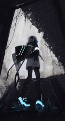 Rule 34 | 1girl, absurdres, black hoodie, black pantyhose, blue eyes, blue hair, building, cityscape, colored inner hair, commentary, from behind, full body, gas mask, hair between eyes, hair ornament, highres, hood, hood down, hoodie, kamitsubaki studio, long bangs, long sleeves, looking at viewer, looking back, mask, mouth mask, multicolored hair, nekoreito, outdoors, pantyhose, rime (cevio), ruins, shoes, short hair, skirt, solo, standing, white hair, white skirt