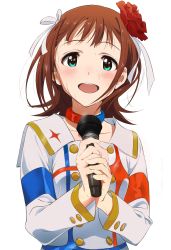 Rule 34 | 1girl, amami haruka, brown hair, green eyes, highres, idolmaster, idolmaster (classic), idolmaster movie, looking at viewer, microphone, official art, open mouth, ribbon, short hair, smile, solo, white background