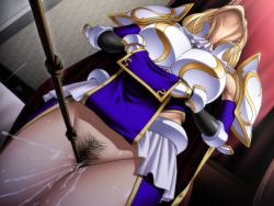 Rule 34 | 1girl, amano ameno, armor, bad tag, bare shoulders, bdsm, black package, blonde hair, bondage, bottomless, bound, breasts, crotch rope, crotch rub, female ejaculation, female pubic hair, from below, game cg, indoors, large breasts, pubic hair, pussy juice, rope, rope walking, seikoujo claudia, solo, standing, sweat