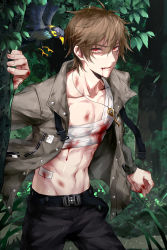 Rule 34 | 1boy, abs, absurdres, animal, bandages, bird, blood, blood on face, bloody bandages, brown eyes, brown hair, devil heavens, highres, jacket, jewelry, jungle, key, leaf, looking at viewer, luke pearce (tears of themis), nature, necklace, open clothes, open jacket, outdoors, ryona, short hair, solo, tears of themis, tree