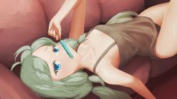 Rule 34 | 1girl, absurdres, assault lily, bare arms, bare shoulders, black panties, blue eyes, breasts, brown camisole, camisole, collarbone, commentary request, couch, cowboy shot, eating, fingernails, food, food in mouth, grey hair, hand up, highres, holding, holding food, indoors, kanabako misora, knee up, long hair, looking at viewer, low twintails, lying, messy hair, on back, on couch, outstretched arm, panties, parted bangs, popsicle, popsicle in mouth, raised eyebrows, small breasts, solo, spaghetti strap, sweat, twintails, ueharu, underwear, underwear only